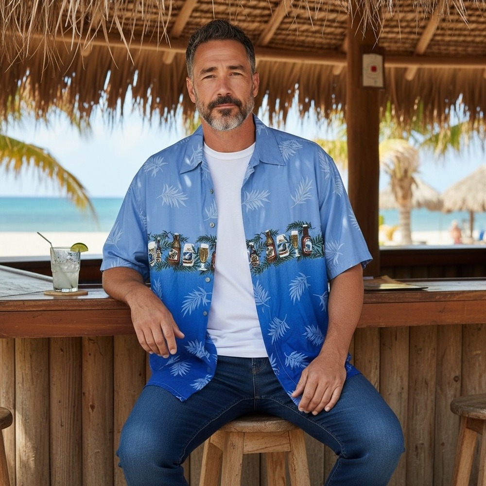 Pierre Cardin Mens LT Blue Ombre Beer Bottle Tropical Rayon Hawaiian Shirt NWT